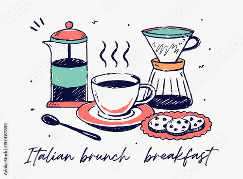 Hand drawn doodle sketch coffee clipart. Vintage brush or crayon drawn coffee cup, french press, and filter. Italian brunch and breakfast sketch ink illustration. Pastel colored Italian style clipart.
