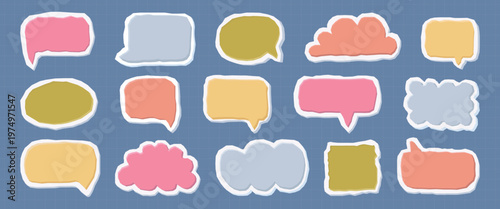 A collection of hand-drawn soft colors speech bubbles and thought clouds in a paper cut-out aesthetic. Blank frames and text boxes in a torn paperboard edge effect.