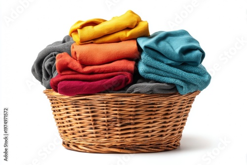 Mixed Colorful Clothes in Laundry Basket on White Background With Studio Lighting Showing Different Garments and Textures Stacked Together