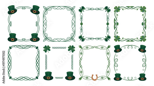 Collection of eight green decorative frames with st patricks day motifs keywords border shamrock clover
