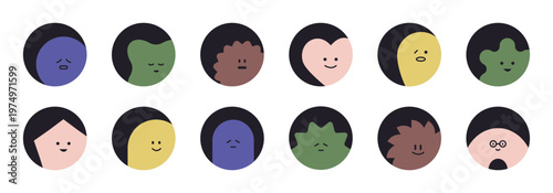 Abstract round characters and diverse avatars in a modern flat style. Minimalistic expressive faces for UI, apps, branding, and social media.