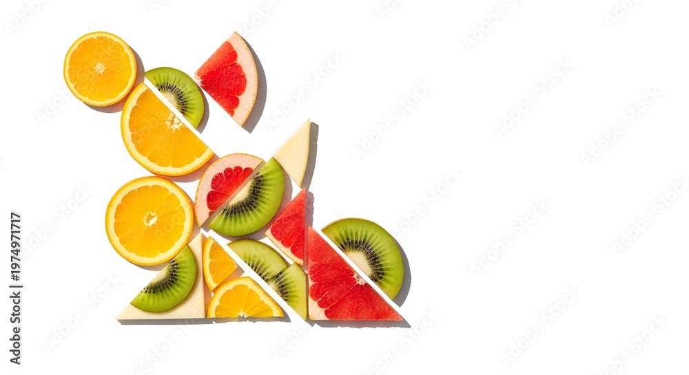 Naklejka premium Creative Rabbit Shape Made from Sliced Orange, Grapefruit, and Kiwi with Geometric Triangles on White Background Representing Playful Food Art, Freshness, and Artistic Design