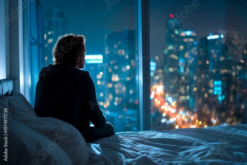 Man Sits on Bed Looking at City Lights at Night From Window With Reflections of Loneliness