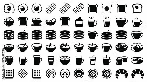 Set of 60 Black and White Breakfast Food and Drink Icons Vector
