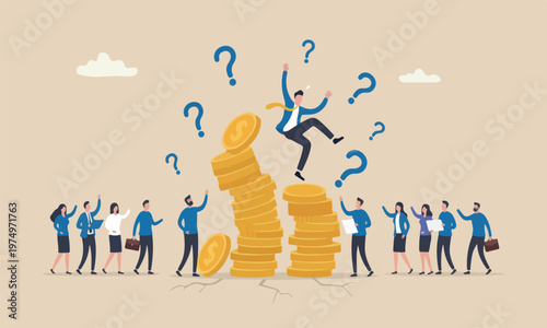 Financial bankruptcy shading teams together concept, businessman investor falling from stack of unstable money coins