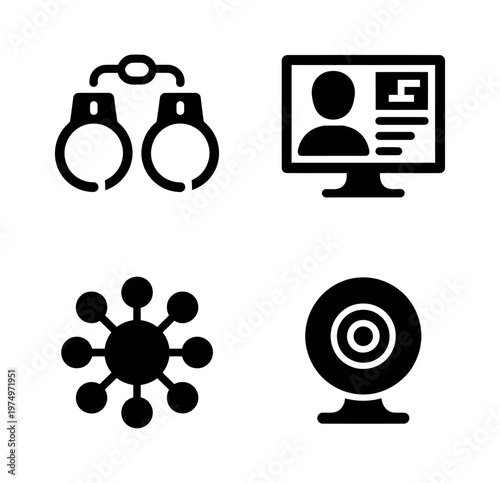 Vector with handcuffs, computer monitor, virus icon, and security camera