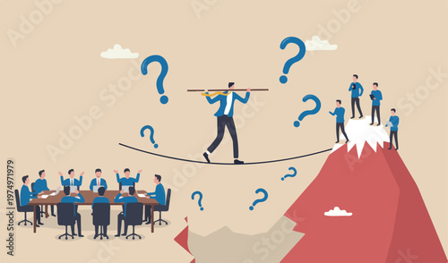 Business or investment risk protection, challenge, danger difficulty big team meeting in to red mountain peak overcome success concept, confident brave businessman equilibrium walk high tight rope