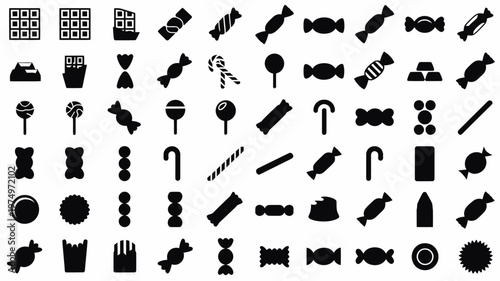 Set of 60 Black Candy and Chocolate Sweet Treat Icons Vector