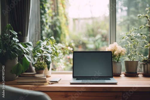 Minimal Desk Setup Includes Laptop and Houseplants Near Large Window in Remote Office With Natural Light