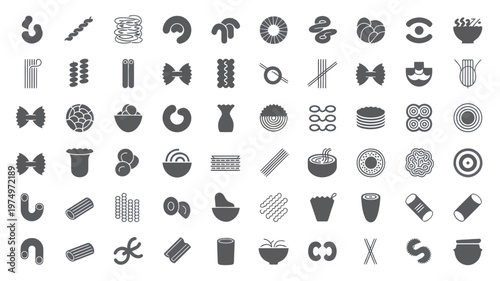 Set of 64 Black and White Pasta Shapes Vector Icons