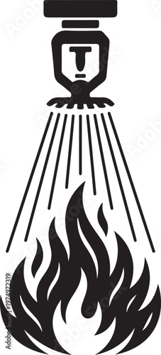 Fire sprinkler head activating and spraying water over flames with sprinkler extinguisher emergency prevention protection equipment suppression downward detection