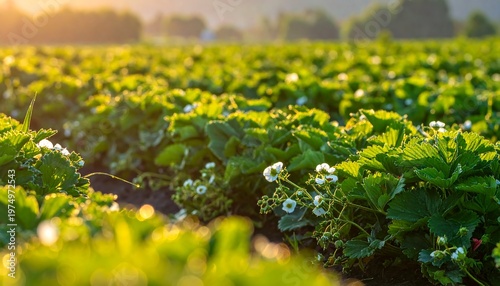 Rows of strawberry plants bask in soft sunlight, with white blossoms emerging in a lush field setting