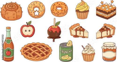 Bakery Desserts and Sweet Food Collection with Donuts, Cupcakes, Cakes, Apple Treats, and Pastry Items Illustration Set for Menu Design
