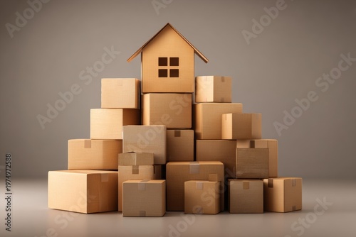 Boxes Arranged to Resemble House Silhouette on Neutral Background in Large Format