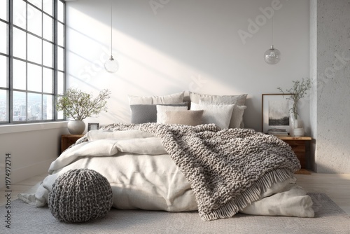 Neutral Toned Bedroom With Large Window Light and Textured Blankets Creating a Cozy Atmosphere for Relaxation