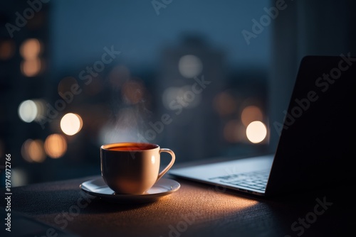 Nighttime Work Scene With Laptop and Tea on a Desk in a Quiet Home Office