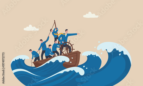 Courage, challenge industrial risk taker concept, businessman captain point finger to lead team sailing boat to survive big wave storm