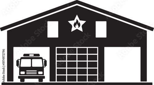 Fire station building with fire truck inside building emergency equipment structure stationhouse firehouse firefighter profession department response protection