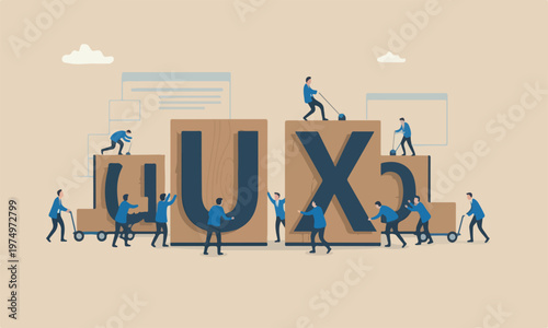 Experience figurines the illustration is modern, flat design with clean lines and minimal shading help building and moving wooden stamp with alphabet to combine the word U and X