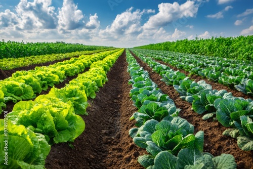 Rows of Fresh Vegetables in a Farm Field During Sunny Weather With Blue Sky and Clouds