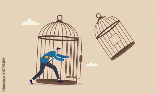 Escape from experience challenge or break free for freedom concept, strong ambitious businessman bended the bar and escape from bird cage trap