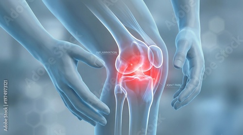 A medical illustration focused on knee joint health. It features a translucent, blue-toned human figure holding their knee, with a glowing red highlight centered on the patella (kneecap).