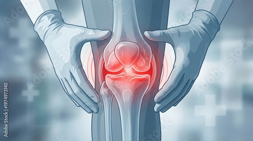 An anatomical 3D illustration of a human knee joint featuring a red glow to highlight inflammation and joint pain. The image uses a translucent blue aesthetic to showcase the bone structure.