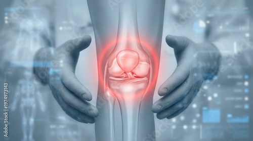 Medical illustration of a knee joint showing pain and inflammation, highlighted in red and held by gloved hands.