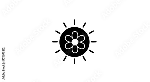 Stylized icon of a blooming flower within a radiant sun, symbolizing nature's embrace, warmth, and the vibrant essence of spring and summer seasons, perfect for health and wellness themes