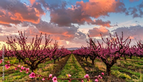 Rows of trees in bloom with pink flowers under a colorful, vibrant, cloudy sunset