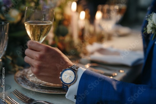 Dinner Table Setting at Luxury Wedding With Candles, Silverware, and Champagne in Royal Blue Suit