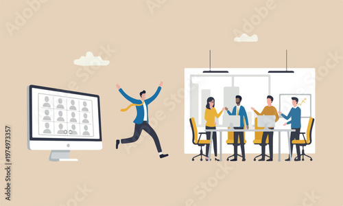 Ending, businessman jumping from remote video call running back work in the office