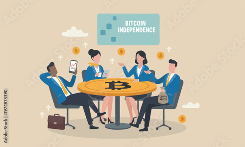 Bitcoin investment,meeting together crypto investing or believe in Bitcoin independence concept, calm businessman investor relax sitting on Bitcoin