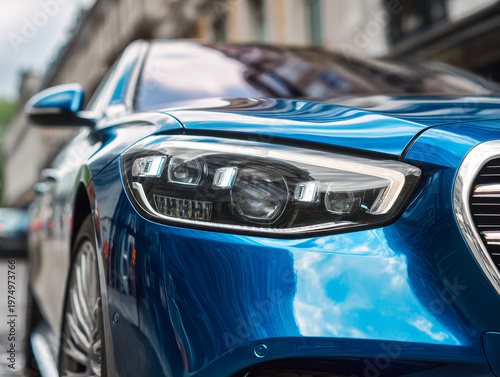 Detailed close-up of a shiny blue luxury sedan's headlight and front fender reflecting urban architecture and sky on a city street setting