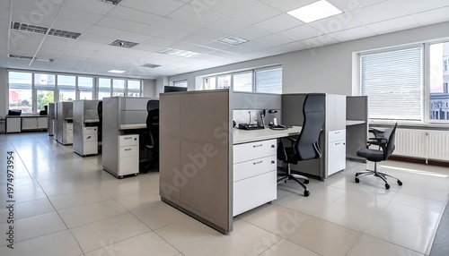 Rows of vacant office cubicles, bathed in sunlight through window blinds, in a clean, tidy, and modern workspace