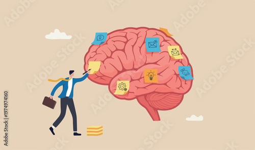 Idea memo, brainstorm or scrum sticky notes, productive plan, memory or task reminder, mind work arrangement, thought and wisdom concept, businessman write sticky notes human red brain