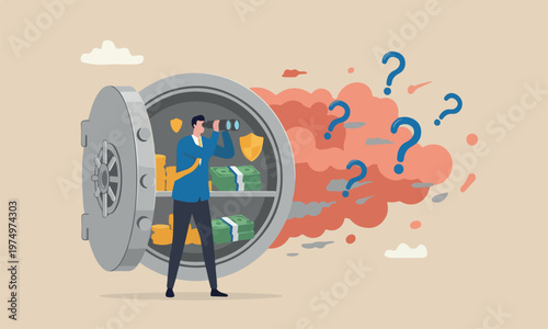 Safe haven, money protection from investment, wait and see economics situation, protect wealth from inflation, financial security concept, businessman look through binocular from secured open safe
