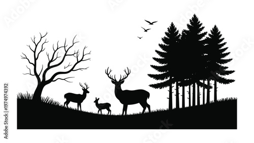 Keywords black silhouette of deer family and bare tree against pine forest and flying birds stag fawn