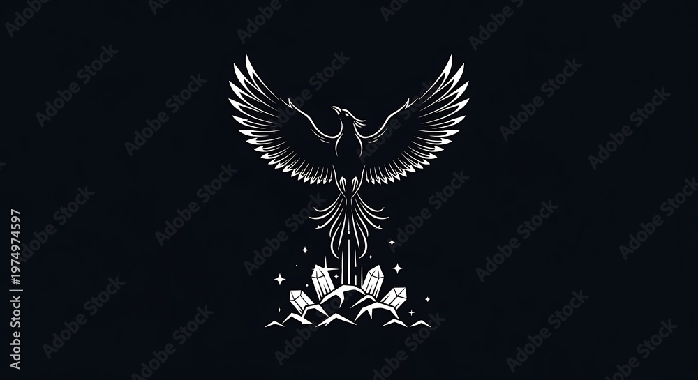 Fototapeta premium A white phoenix rises from crystals, wings spread, on a black backdrop