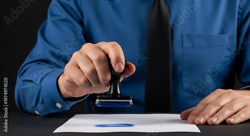 Man in blue shirt and black tie stamping blue ink on white paper with hand