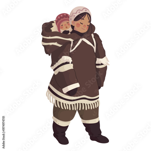 cute eskimo girl with baby on back
