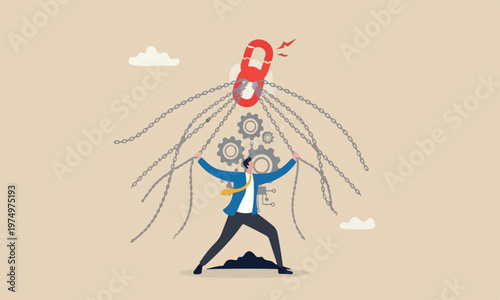 Single point failure, risk or vulnerable weak point to make all system down, important point to hazard or beware danger concept, businessman at try so hard to hold multiple chain to avoid failure