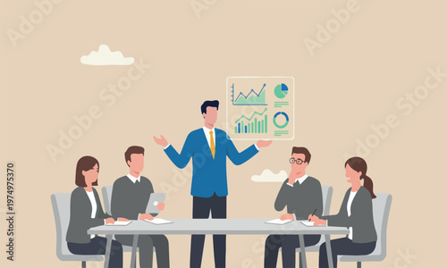 Market business plan concept, smart businessman present virtual analysis graph and chart oh his both hands