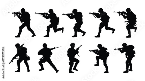 Multiple keywords black silhouettes of soldiers in action poses with rifles on white background military