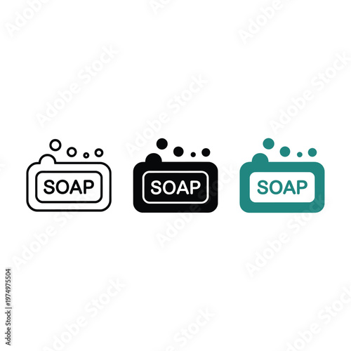 Three soap bar icons in outline solid black and teal colors displayed side by side