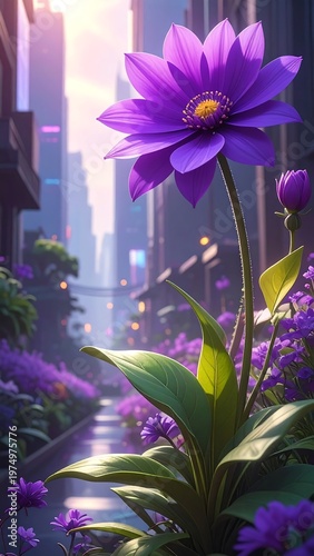 A towering purple flower blooms against a backdrop of a city street and illuminated buildings