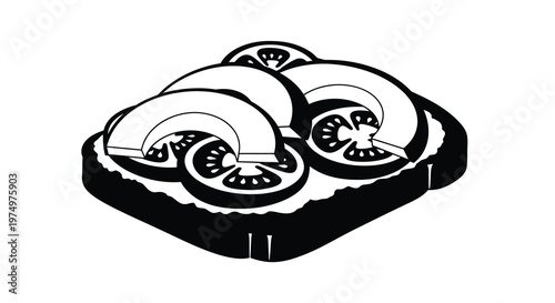 A black and white illustration depicts tomato slices arranged on a piece of toast high quality