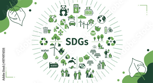 Sustainable Development Goals SDGs concept illustration with eco icons renewable energy recycling environment and global sustainability awareness design