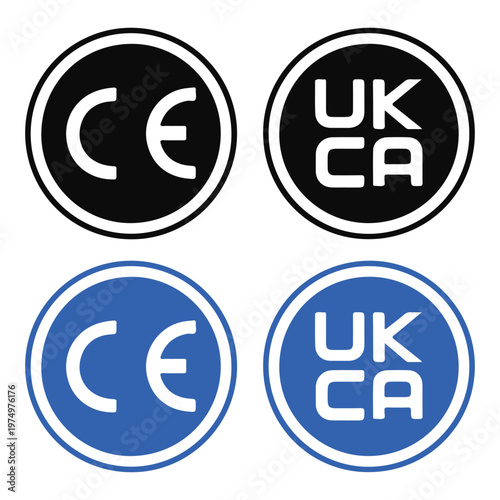 CE and UKCA Certification Mark Round Badge Vector Icon Set in Black and Blue