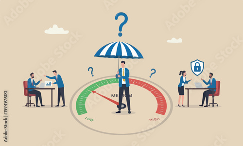Risk mitigation meeting teams together chance of failure, uncertainty, evaluate safety level, businessman with protection umbrella on risk gauge measuring image
